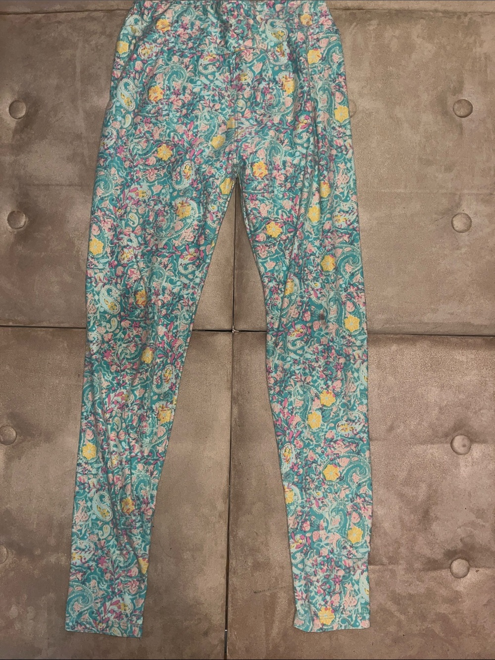LuLaRoe Mint Leggings with Pink & Yellow Floral Print